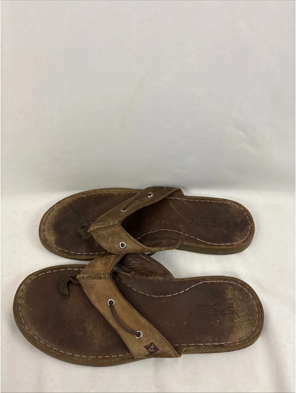 Sperry Top Sider Logo Brown Leather Casual Flip Flop Sandals Shoes Mens 12.5
